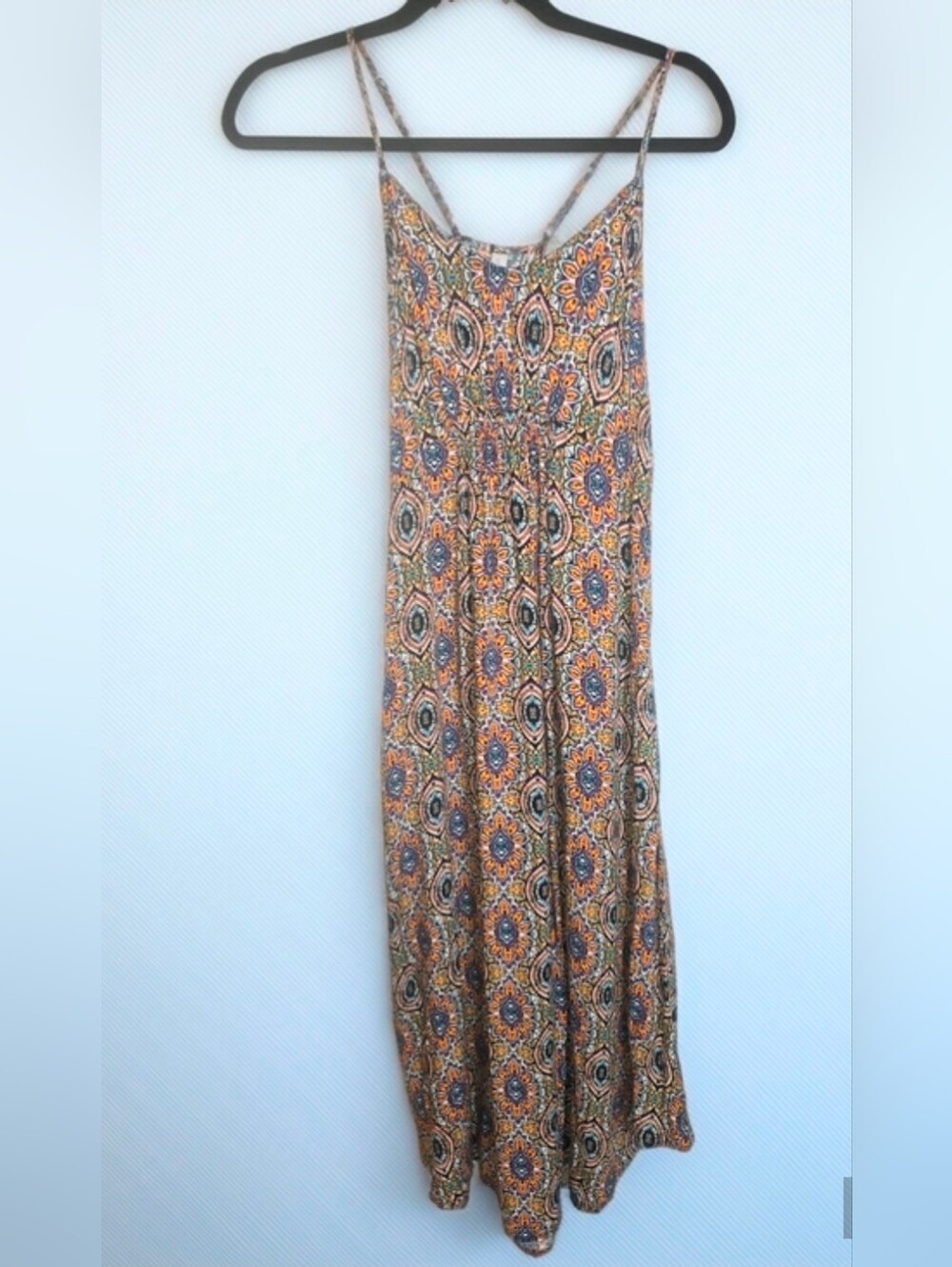 Sleeveless Boho Maxi Dress in Orange & Blue Tribal Floral Print Breezy Size M